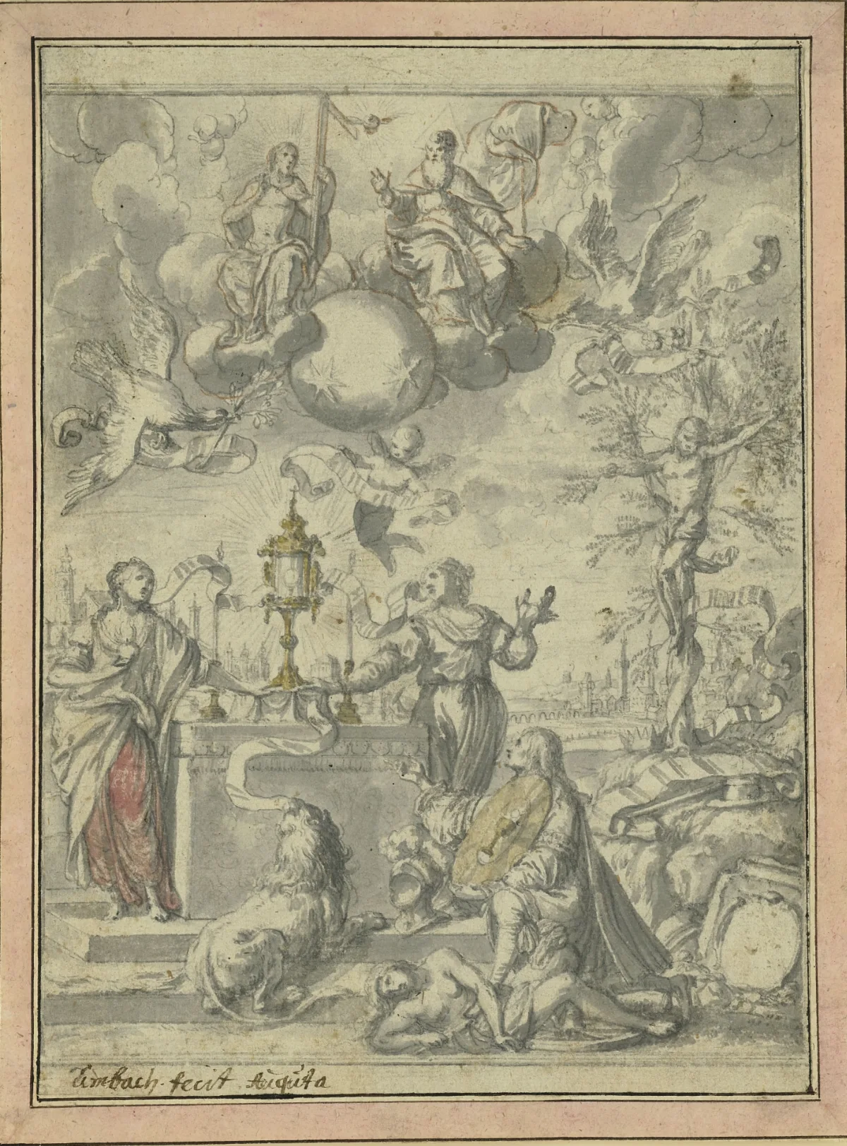 Jonas Umbach (1624–1693) Die Verehrung der Eucharistie Pinsel in Grau über Bleigriffel, farbig laviert, Rötel, 199 x 148 mm