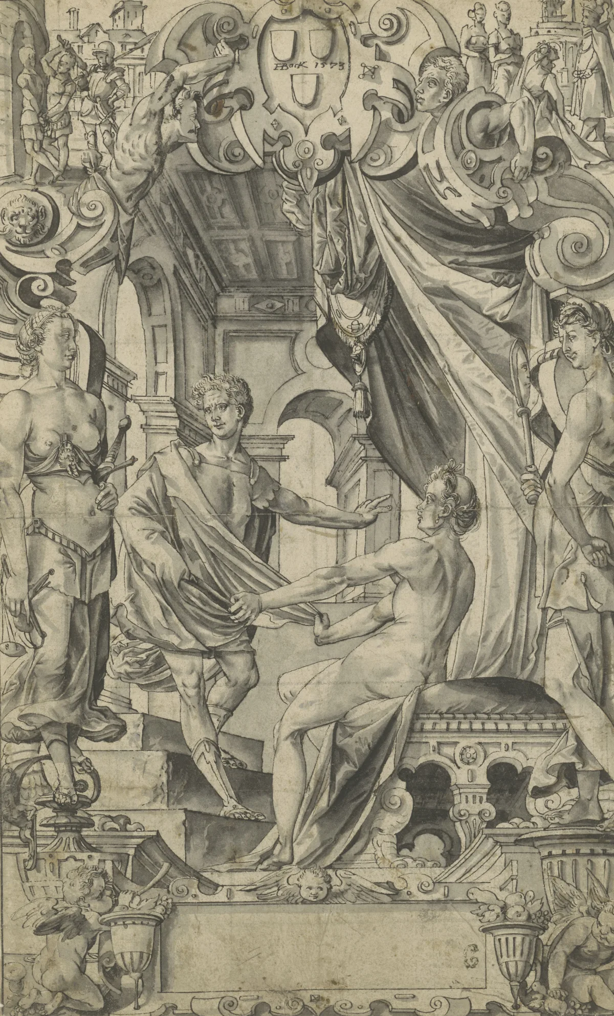 Hans Bock d. Ä. (um 1550–1628) Scheibenriss mit „Joseph und Potiphar“, 1573 Feder in Schwarz, grau laviert
