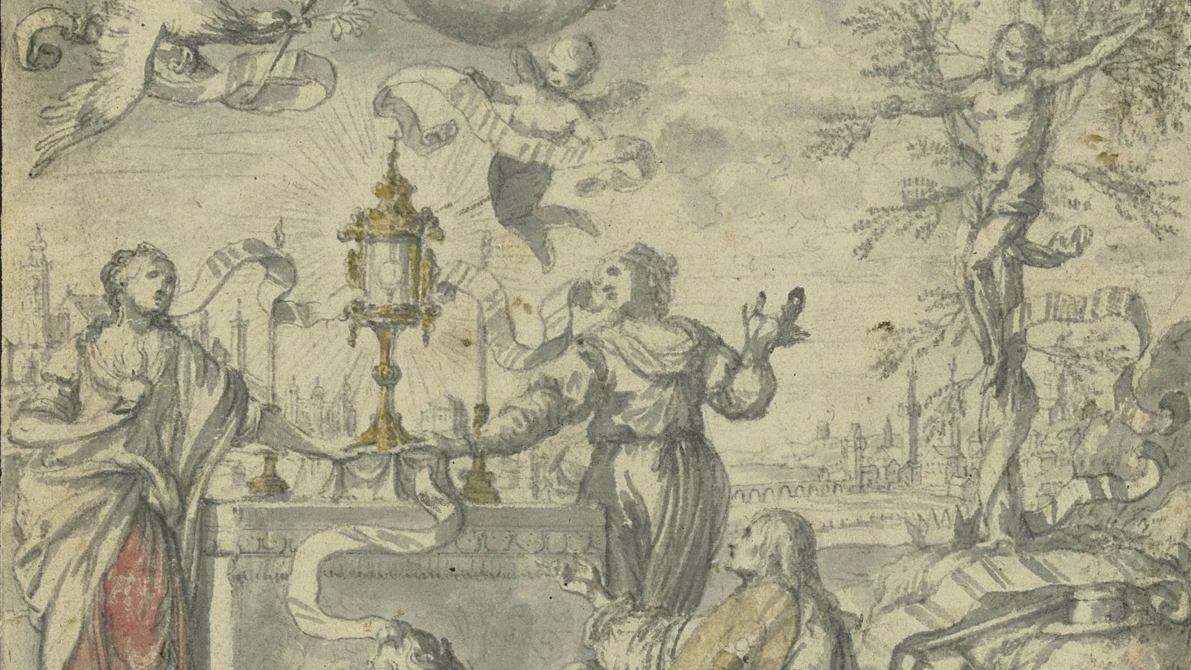 Jonas Umbach (1624–1693) Die Verehrung der Eucharistie Pinsel in Grau über Bleigriffel, farbig laviert, Tötel, 199 x 148 mm