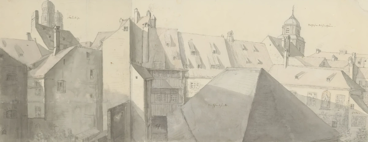 Ludwig Emil Grimm (1790–1863) Blick über Dächer auf die Türme der Frauenkirche und den Turm der Michaelskirche in München, 1812 Aquarell über Bleistift, 257 x 657 mm